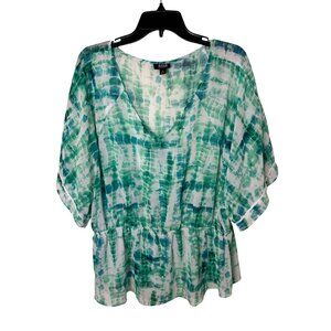 A.N.A Tie-Dye Green & White V-Neck Peasant Top XL Beach Summer Travel Ready